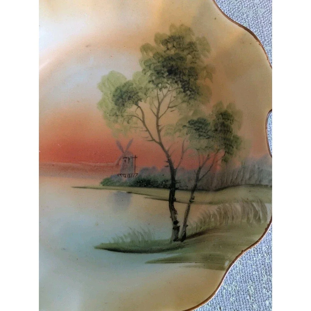 Hand Painted Vtg Nippon Oval Trinket Dish Windmill Orange Green Sunset Gold Trim